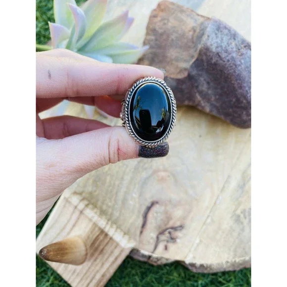 Navajo Sterling Silver & Black Onyx Ring Size 13.5 Signed